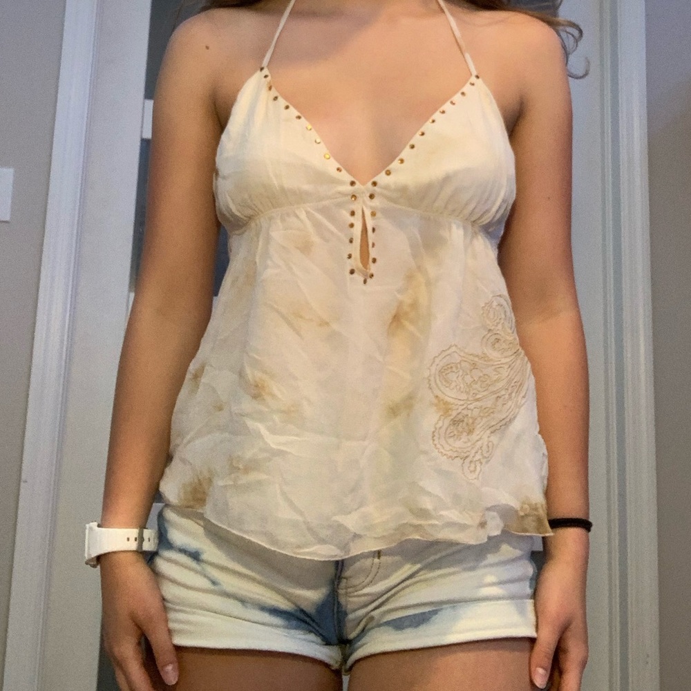 US S bebe white and tan splotched mesh halter top